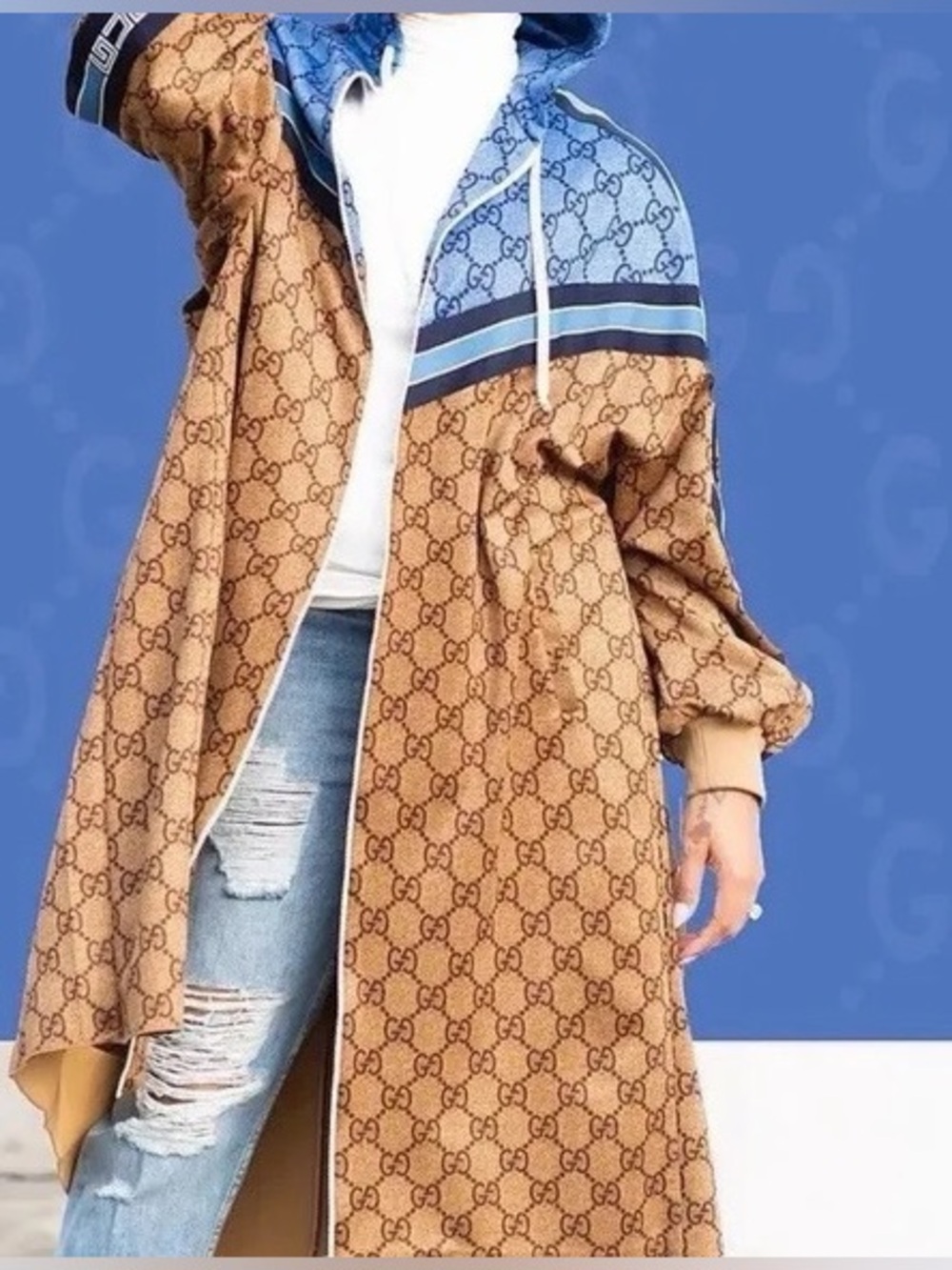 Gucci Brown Monogram Hooded jacket Coat with Blue Trim Size XXS OVERSIZED - Picture 2 of 9